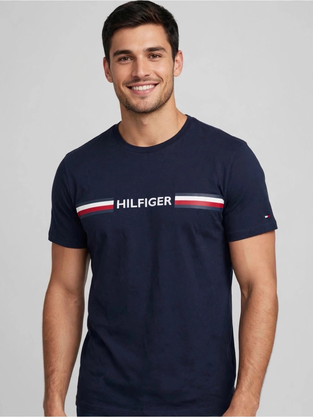 Tommy Hilfiger Black Short-Sleeve Logo Tee with Red & White Stripes